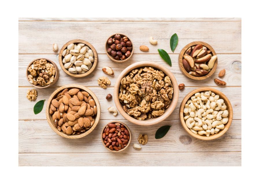 Picture of different kinds of nuts in bowls