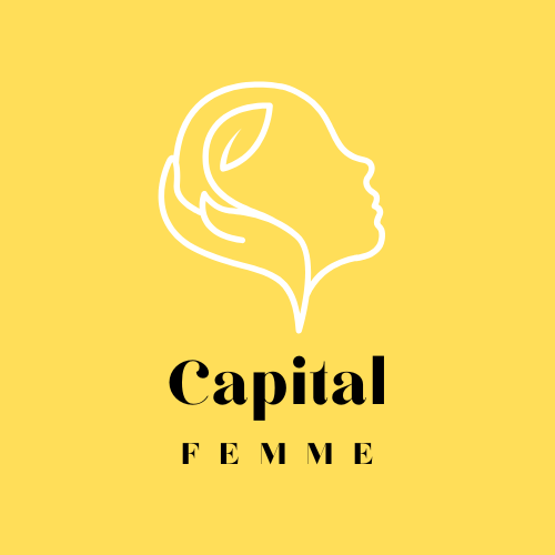 Yellow, white and black Logo for the blog or blogger known as Capital Femme. It is white outline of a female looking up infused with a plant. The site name is in Black with a yellow background
Capital Femme Logo